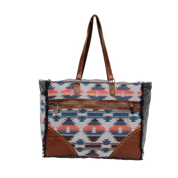Myra Bag Handmade Jolie Weekender Bag Upcycled Canvas & Cowhide Leather - Picture 2 of 8